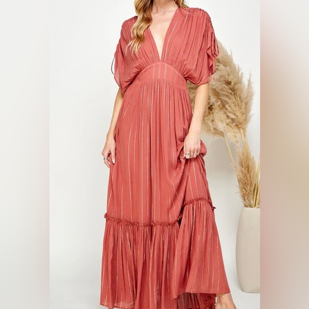 Rust Red Maxi Dress with Subtle Stripe Detail